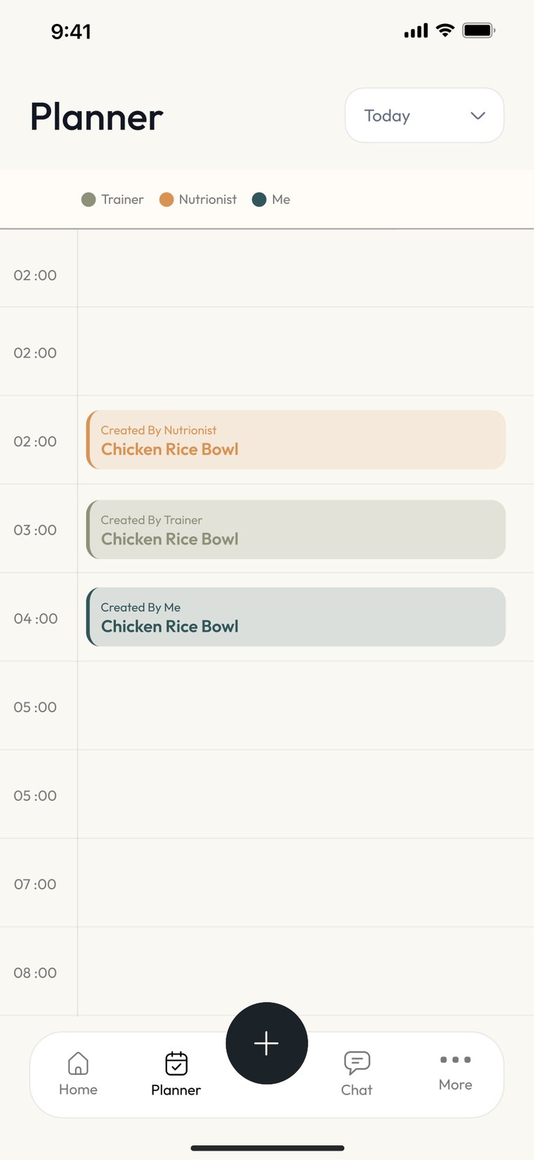 Nutryx planner showing meals and workouts